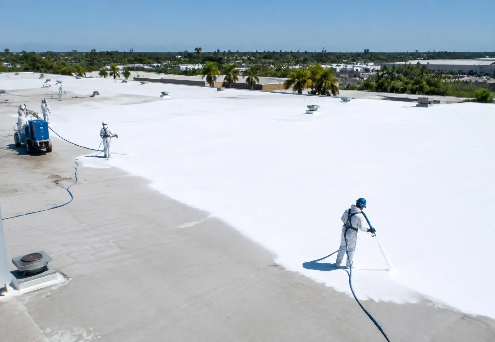 Crew spray-applying Wetsuit by Neptune liquid membrane across a large flat commercial roof in Florida