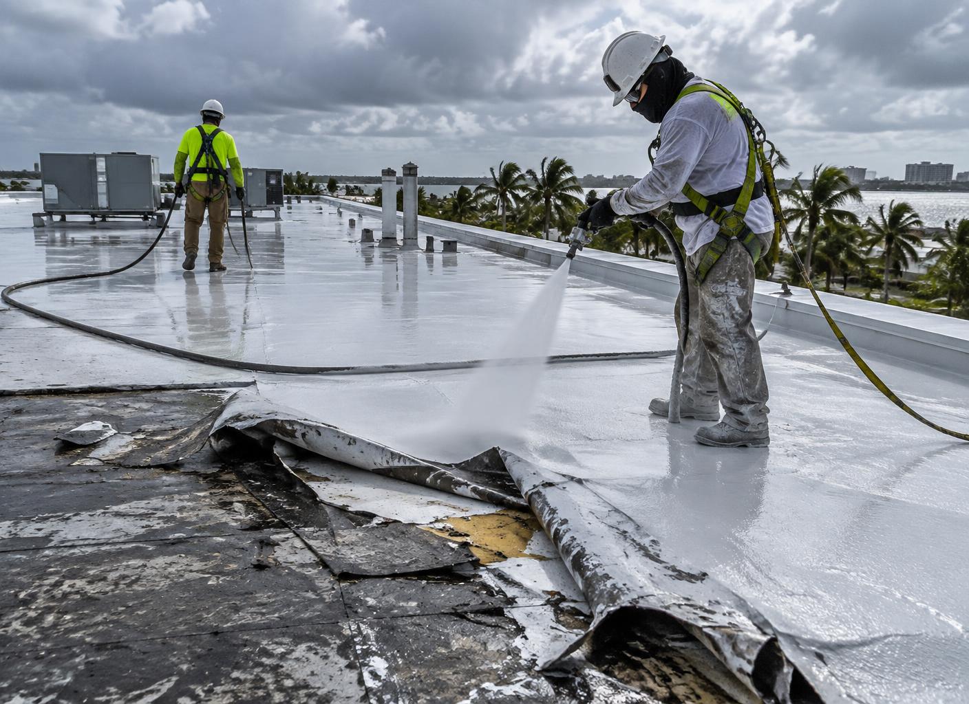 Roofing crew spraying emergency protection over a storm-damaged commercial roof membrane