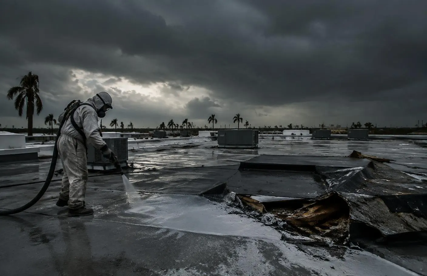 Technician spraying a protective emergency coating on a storm-damaged commercial roof under dark clouds